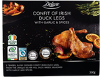 Deluxe Confit of Irish Duck Legs with garlic and spices, with awards and serving suggestions.