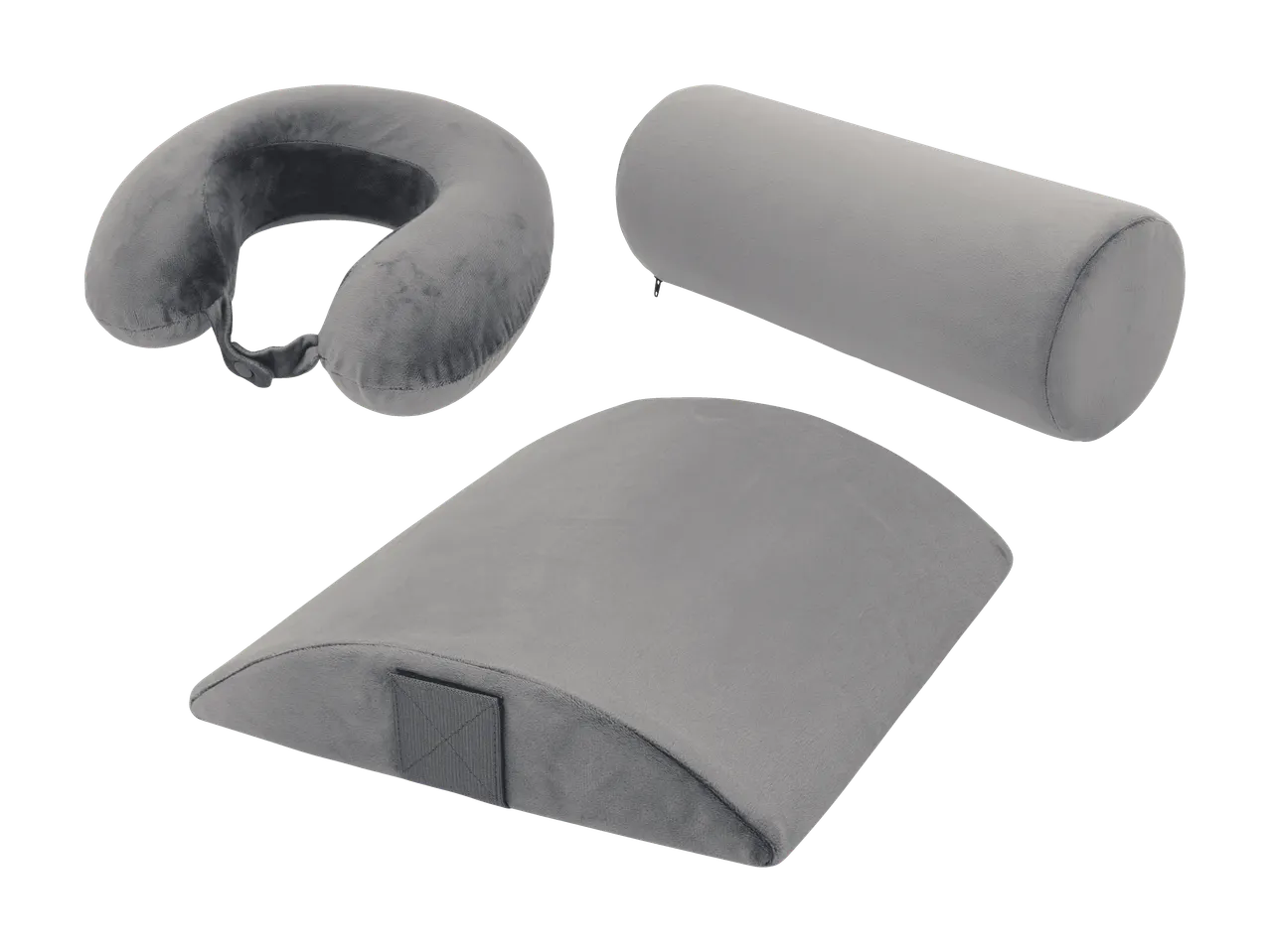 Ensemble de coussins de voyage gris : oreiller de nuque, traversin et coussin lombaire.