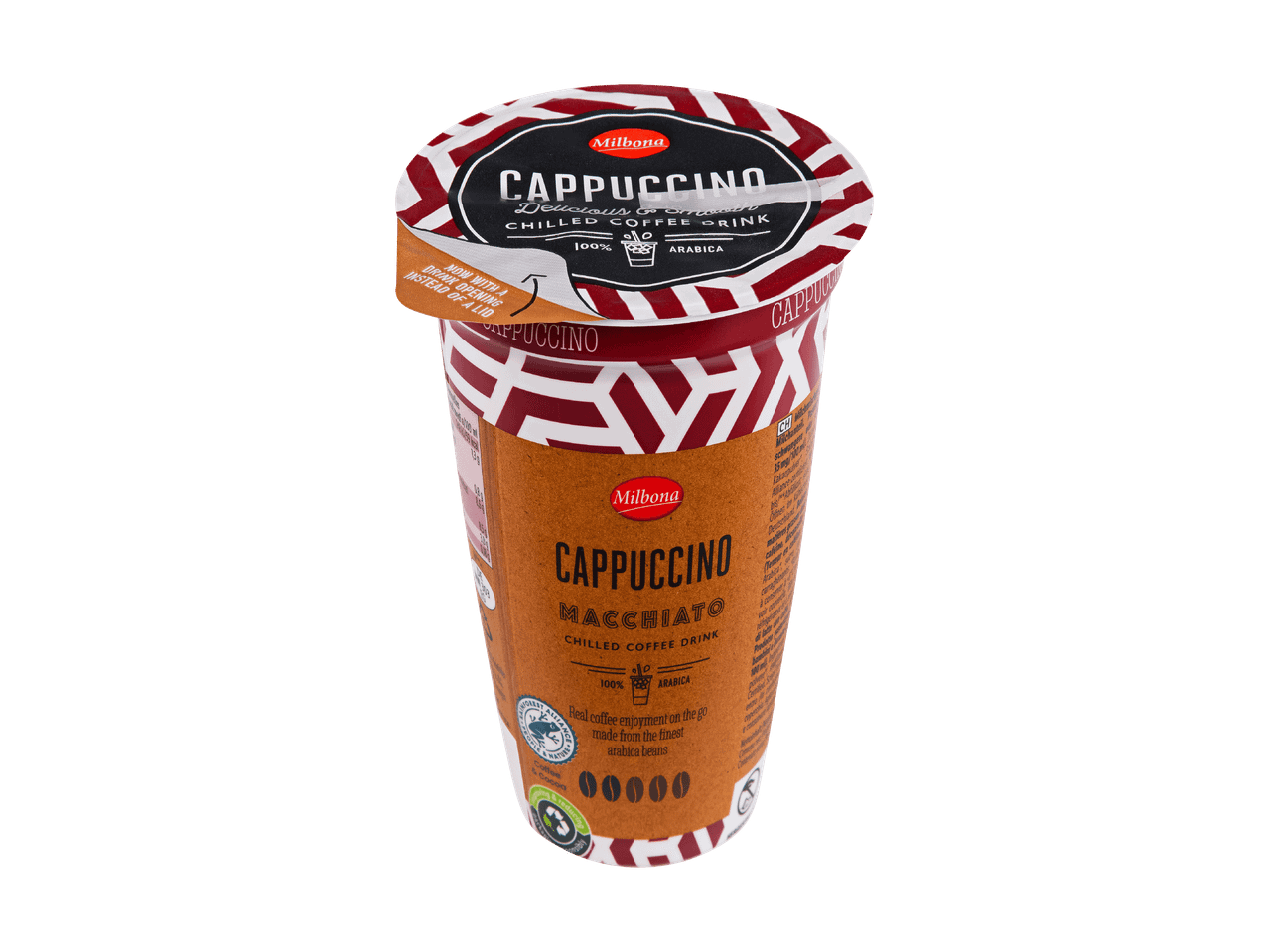 Gekühltes Kaffeegetränk mit Cappuccino Macchiato Geschmack, hergestellt aus 100% Arabica-Bohnen.