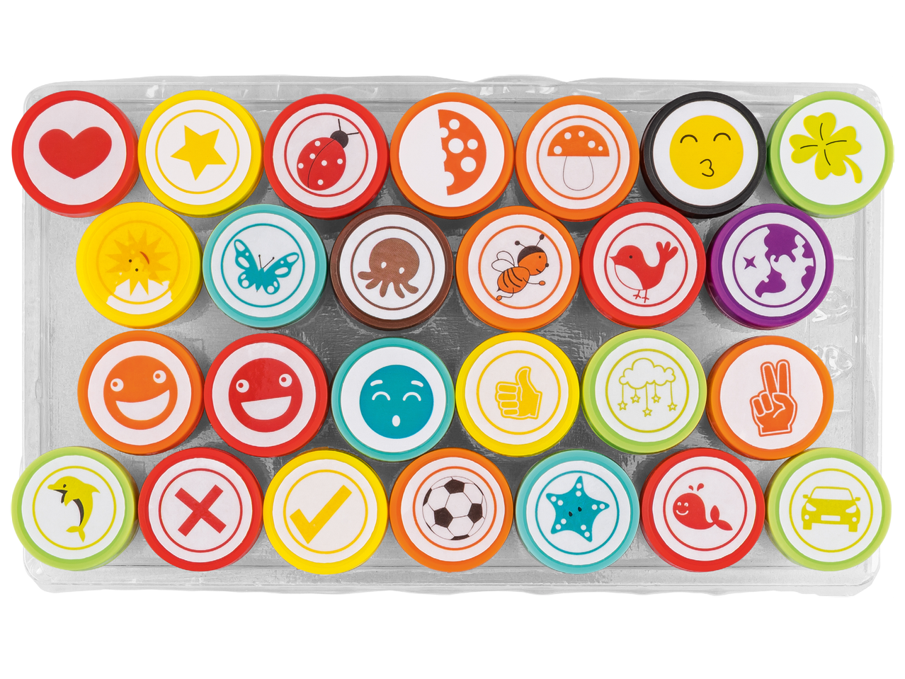 Комплект от 28 цветни кръгли плочки с различни илюстрации на животни, символи и емотикони.