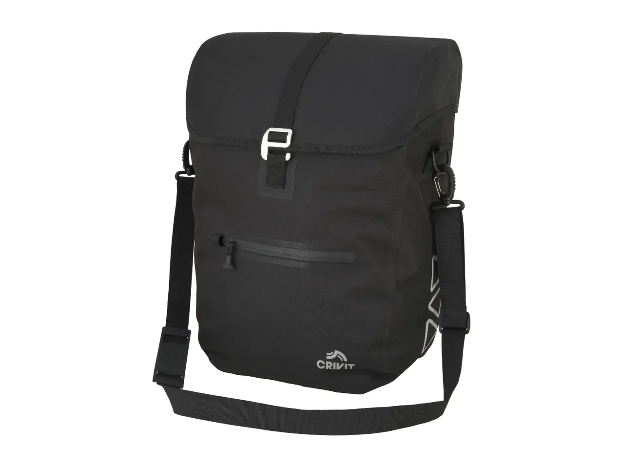 Black waterproof bicycle pannier bag with shoulder strap and front zipper pocket