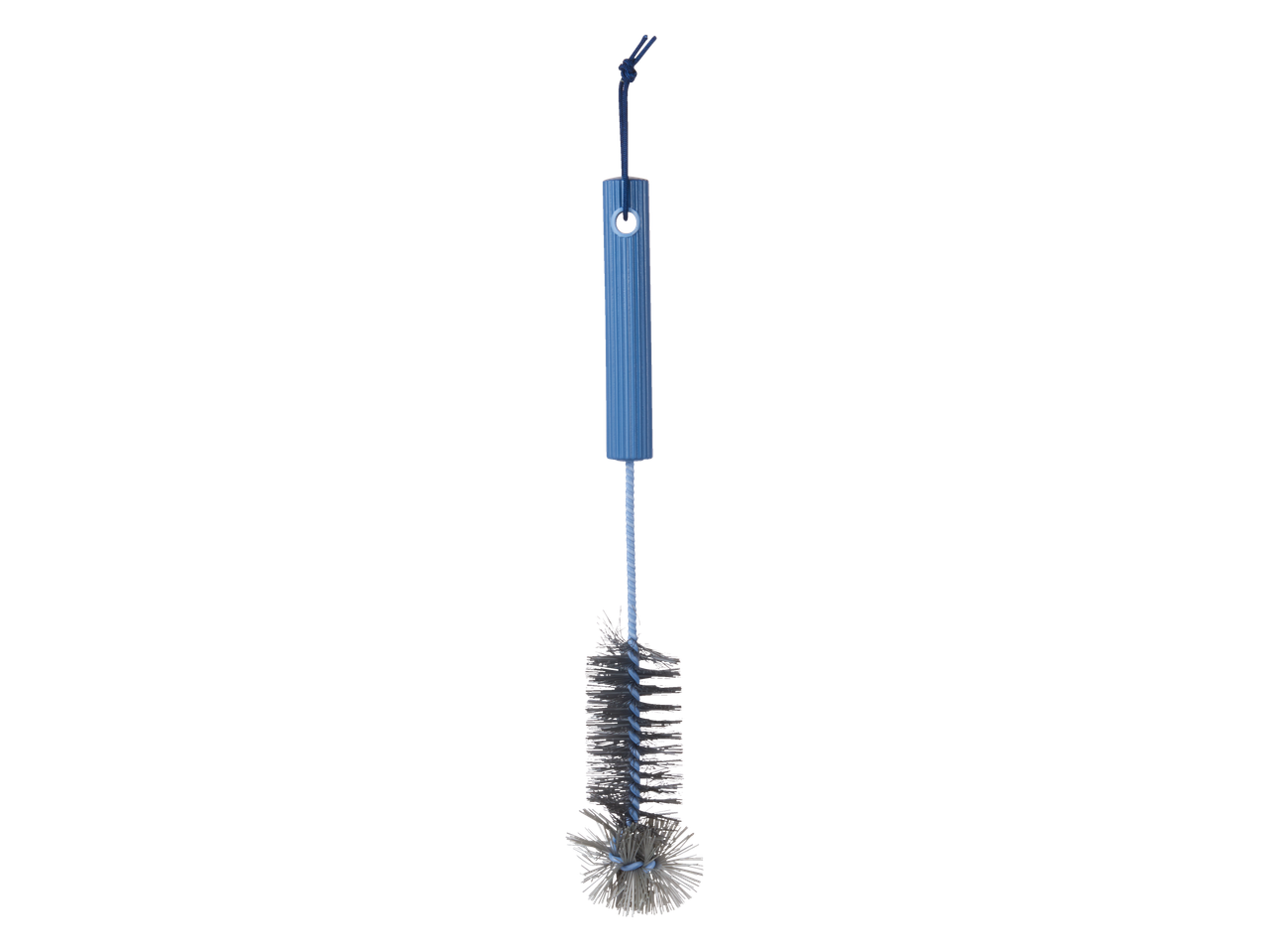 Uma escova de garrafa azul com cerdas de metal