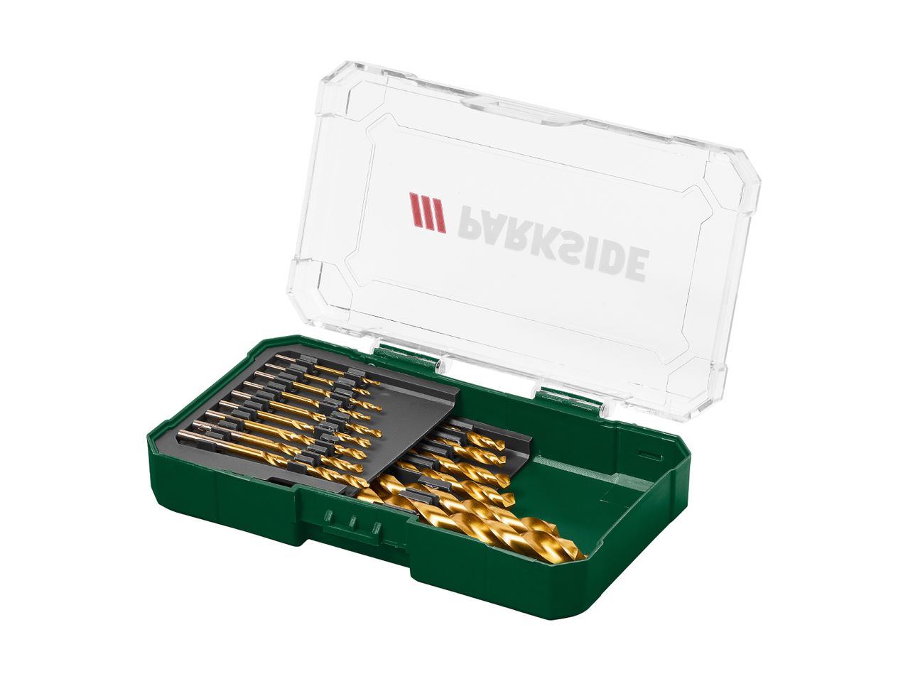 A set of gold-colored drill bits in a green and clear plastic case.