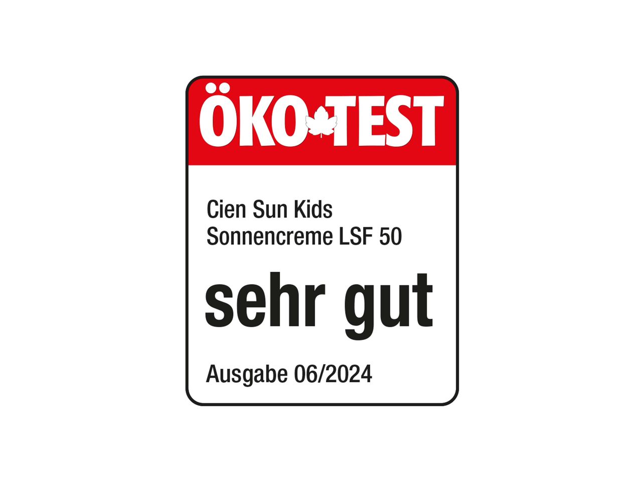ÖKO-TEST Urteil: Cien Sun Kids Sonnencreme LSF 50, sehr gut.