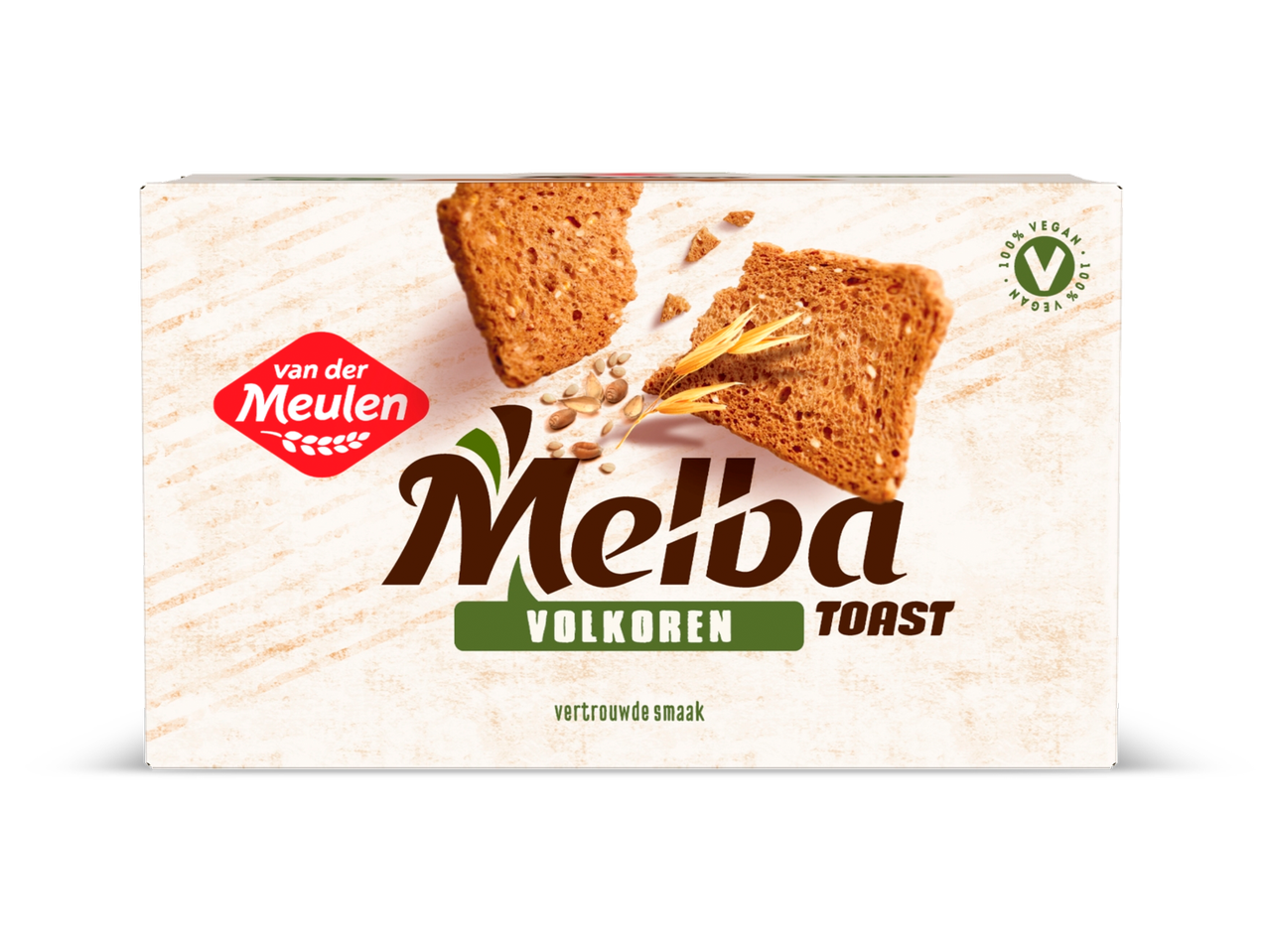 Verpakking volkoren toast met gebroken toastjes en graankorrels, met de tekst 'vertrouwde smaak'.