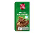 Fin Carré Hazelnut Milk Chocolate bar with Fairtrade cocoa and nutritional information.