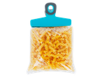 A clear bag of fusilli pasta sealed with a blue and gray bag clip.