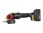 Cordless angle grinder with a cutting disc, featuring a black and gold body with red accents.