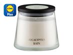 A Lidl Plan Eucalyptus Rain scented candle in a clear glass jar with a black lid.