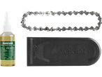 Parkside organic chain oil, chainsaw chain, and a black plastic cover.
