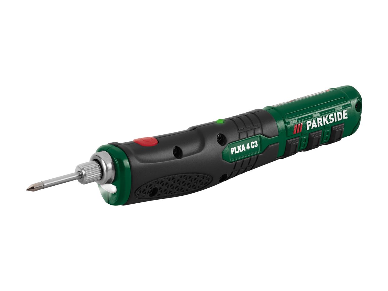 Green and black cordless soldering iron with a silver tip and red power button.