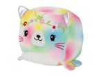 Rainbow tie-dye cat plush toy with silver ears and a floral headband