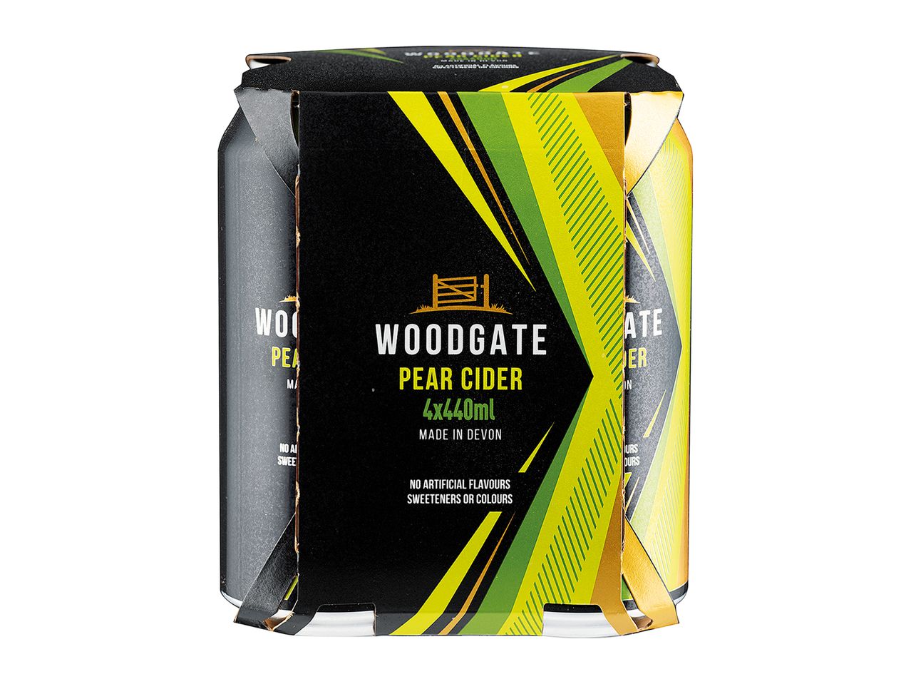 Four cans of Woodgate pear cider, made in Devon.