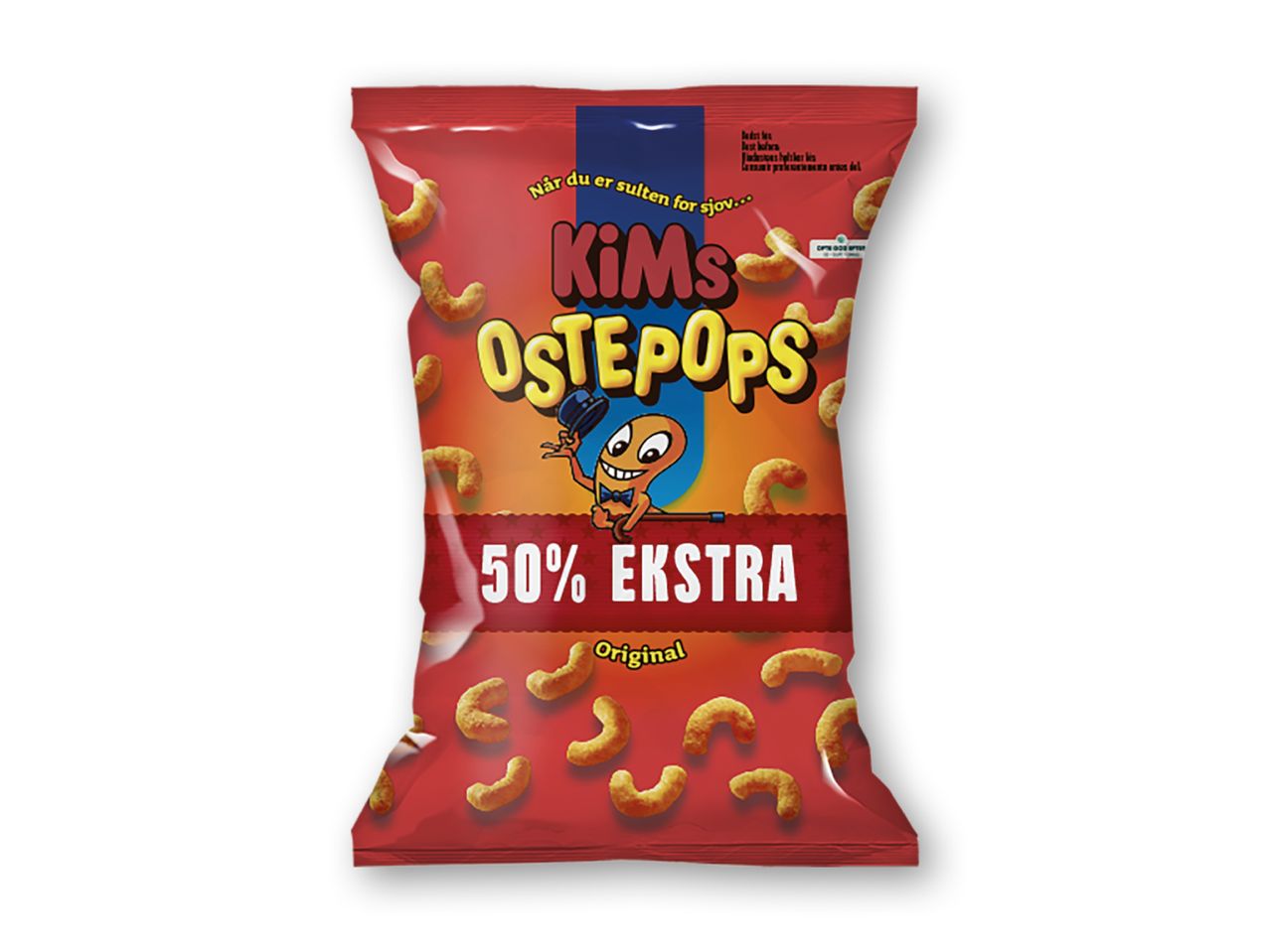 En rød pose KiMs Ostepops med 50% ekstra og en tegneseriefigur.