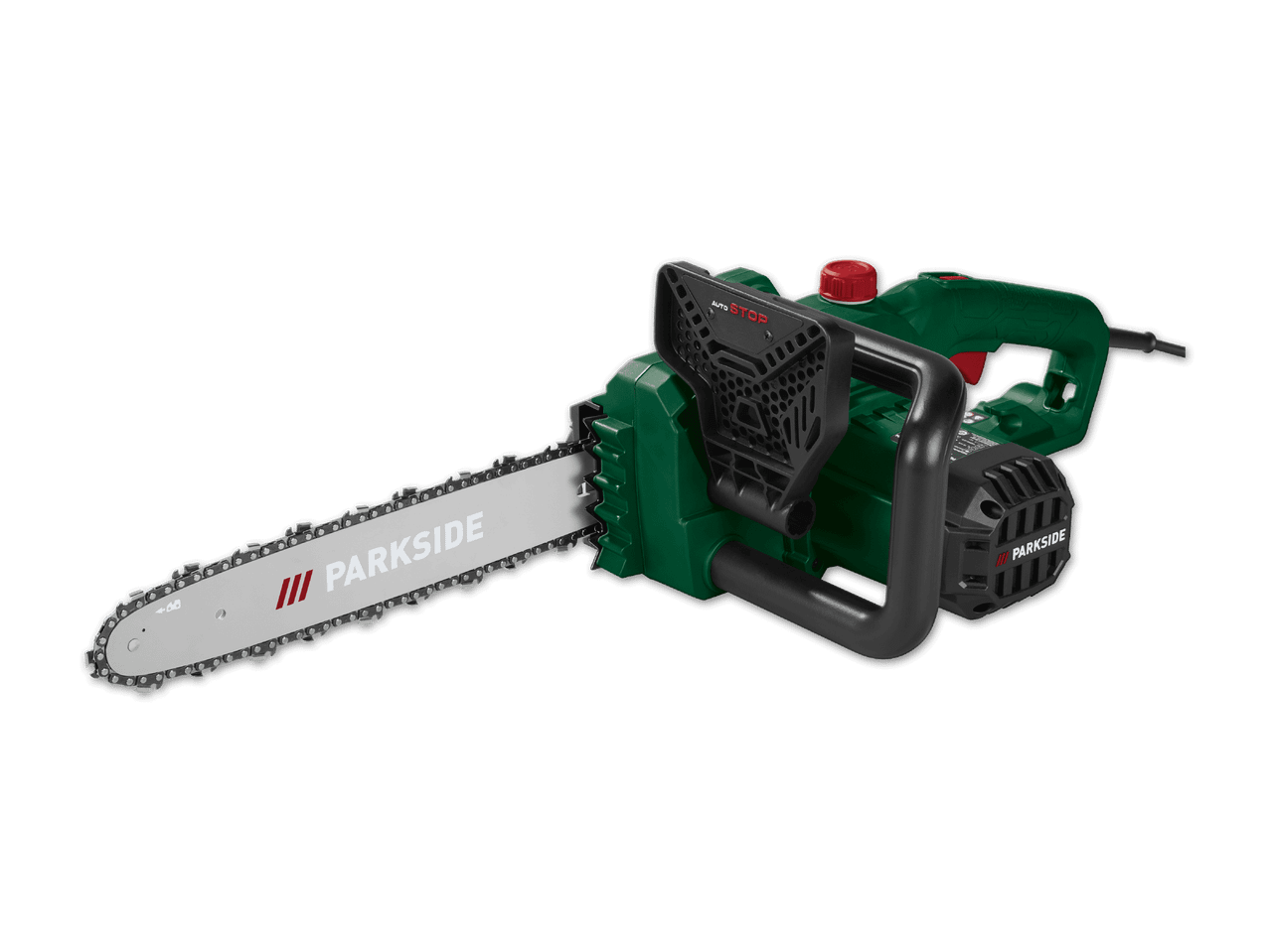 Grüne elektrische Kettensäge mit schwarzem Griff und silberner Kette auf schwarzem Hintergrund.