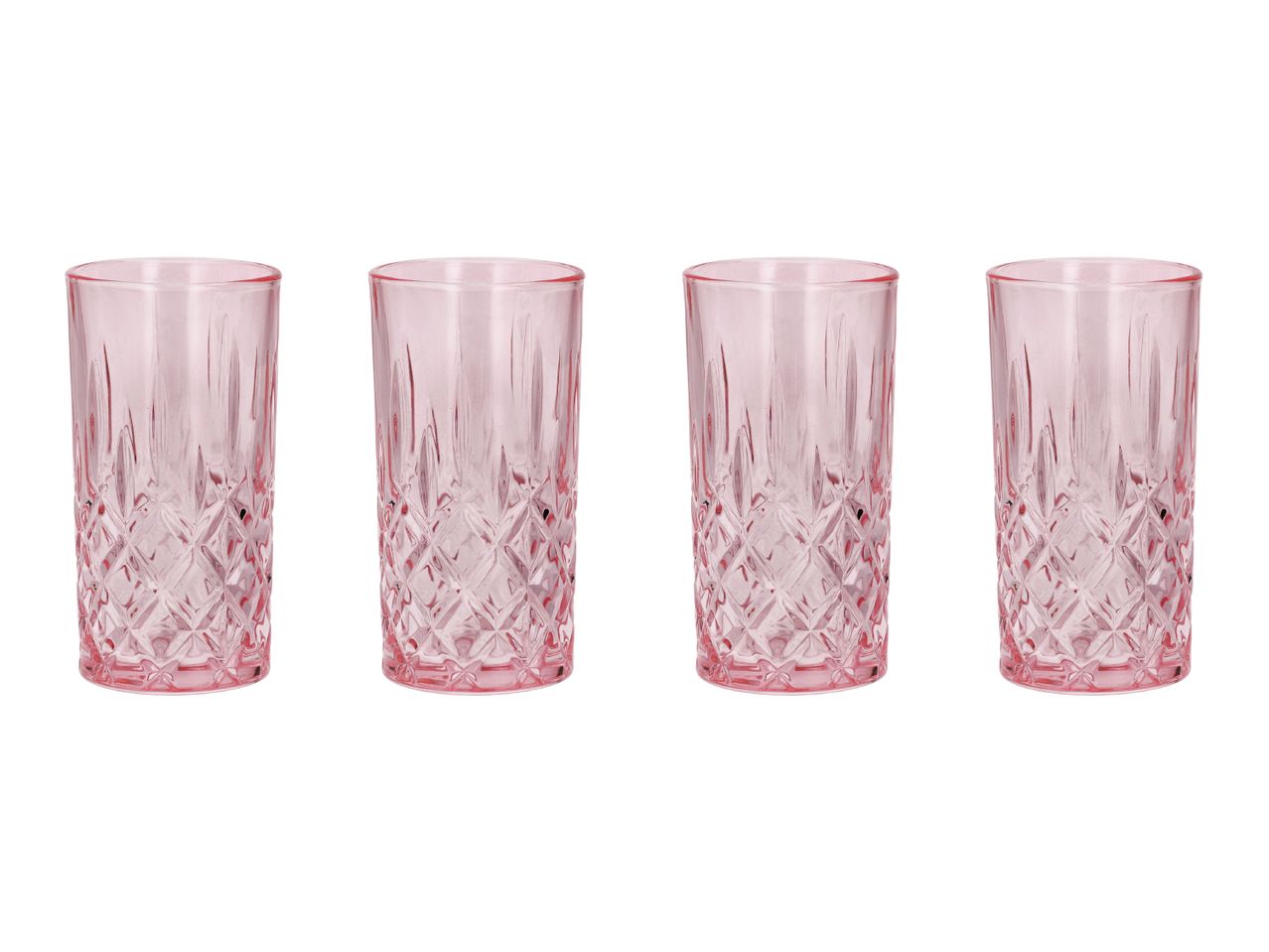 Four pink patterned drinking glasses with a diamond texture on the lower half.