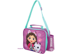 Purple lunch bag featuring a girl and cat.