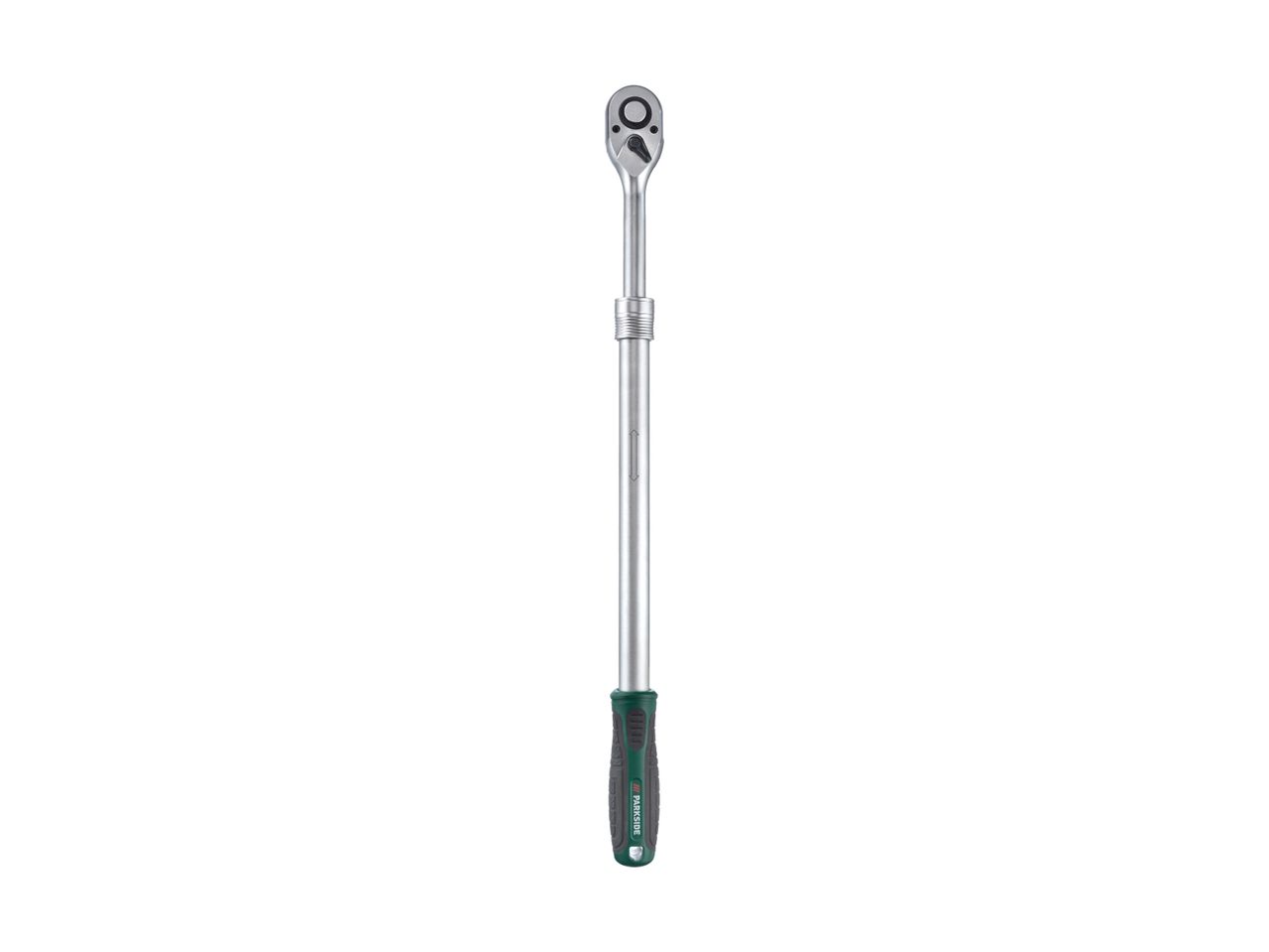 A long, silver and green extendable ratchet wrench with a black and green handle.