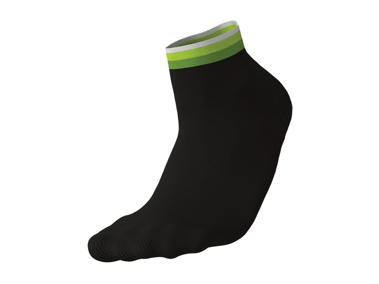 Black ankle socks with green and white stripes at the top.