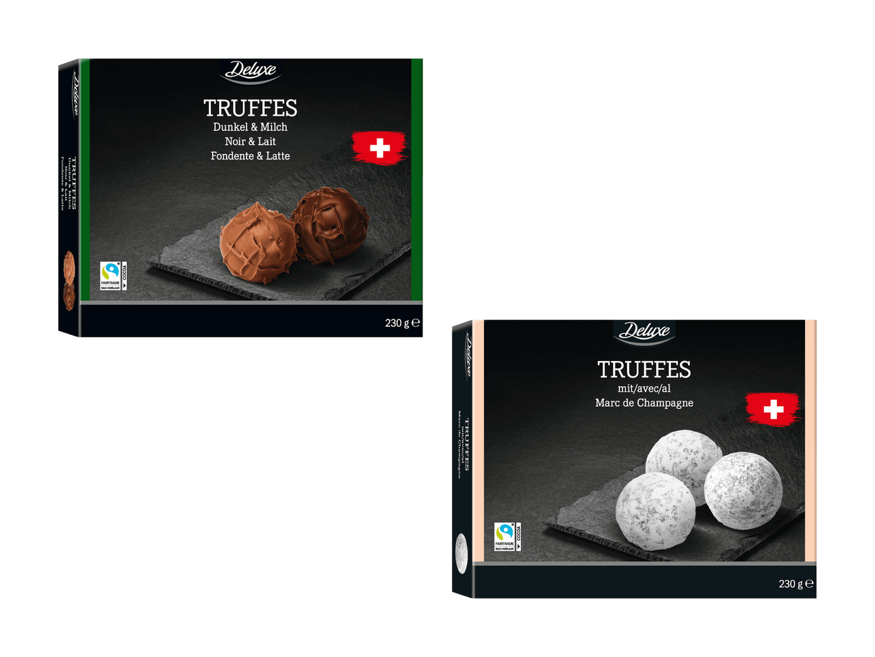 Deux boîtes de truffes, l'une au chocolat noir et au lait, l'autre au marc de champagne.