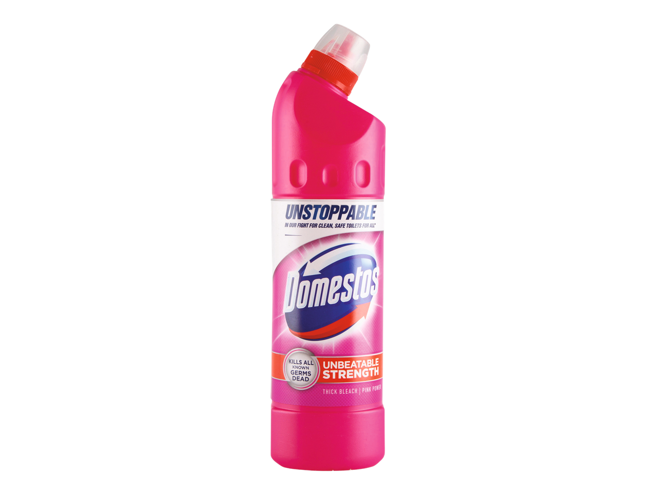 A pink bottle of Domestos Unstoppable Thick Bleach, Pink Power.