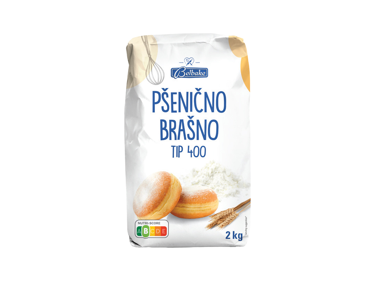 Pakovanje pšeničnog brašna tip 400 sa krofnicama i klasjem pšenice.