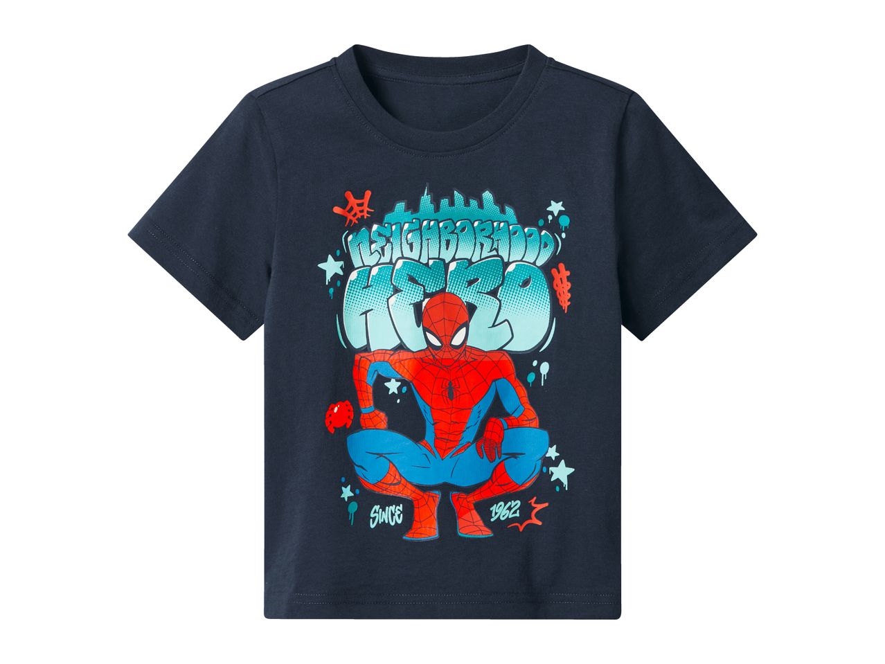 Dark blue short-sleeved t-shirt with a crouching superhero graphic and 'NEIGHBORHOOD HERO' text.