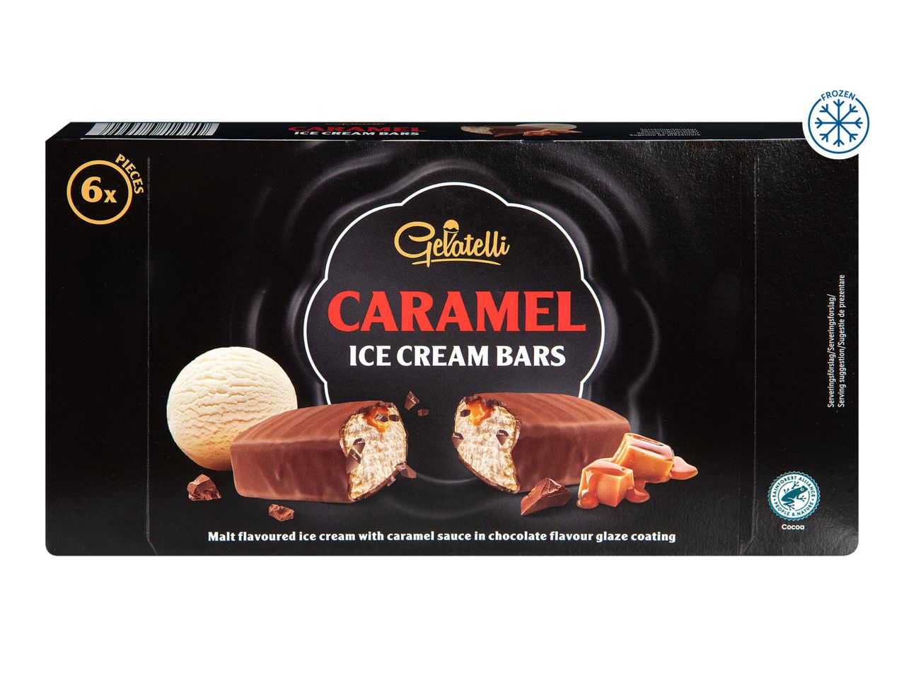 Gelatelli caramel ice cream bars in chocolate.