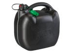 Schwarzer 10-Liter-Kraftstoffkanister mit grünem Ausgießer und rotem Knopf.