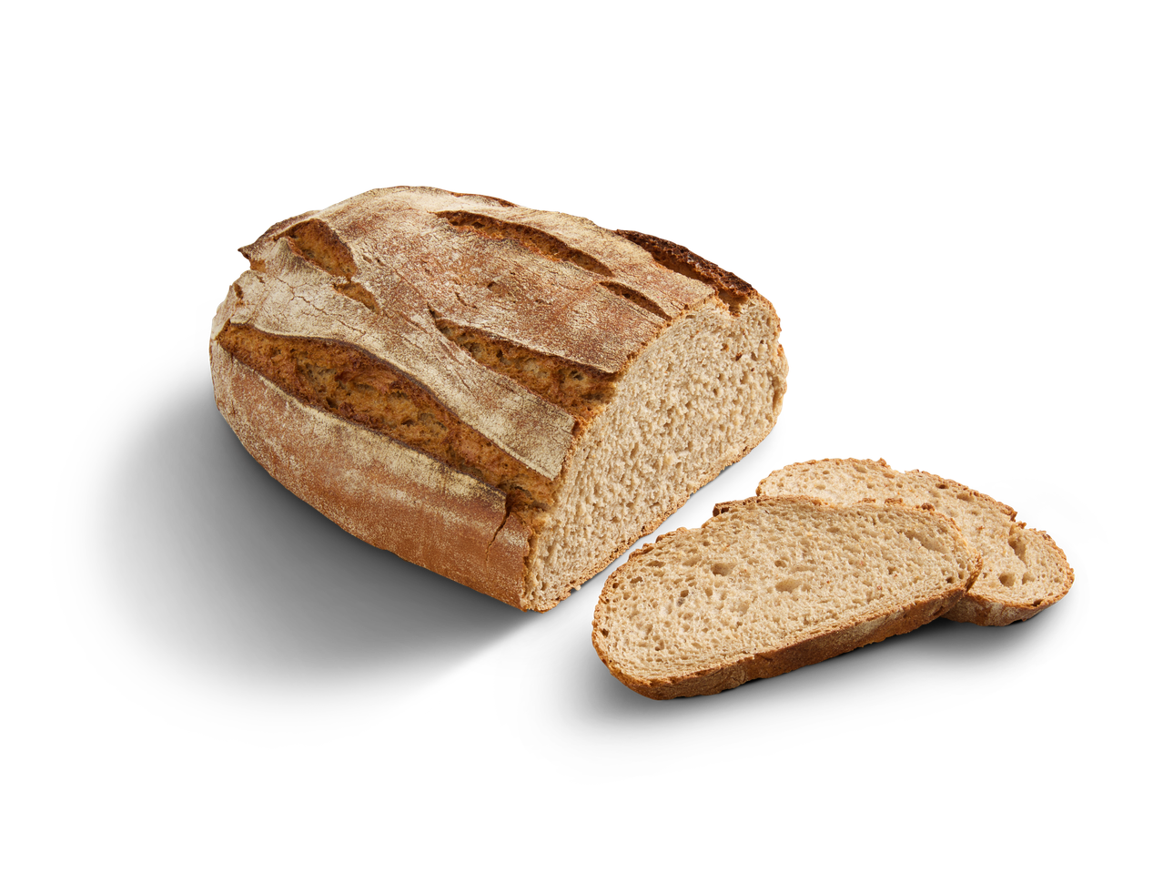 Ein ganzes und zwei Scheiben dunkles Brot.