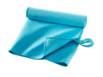 Rolled light blue microfiber towel with strap.