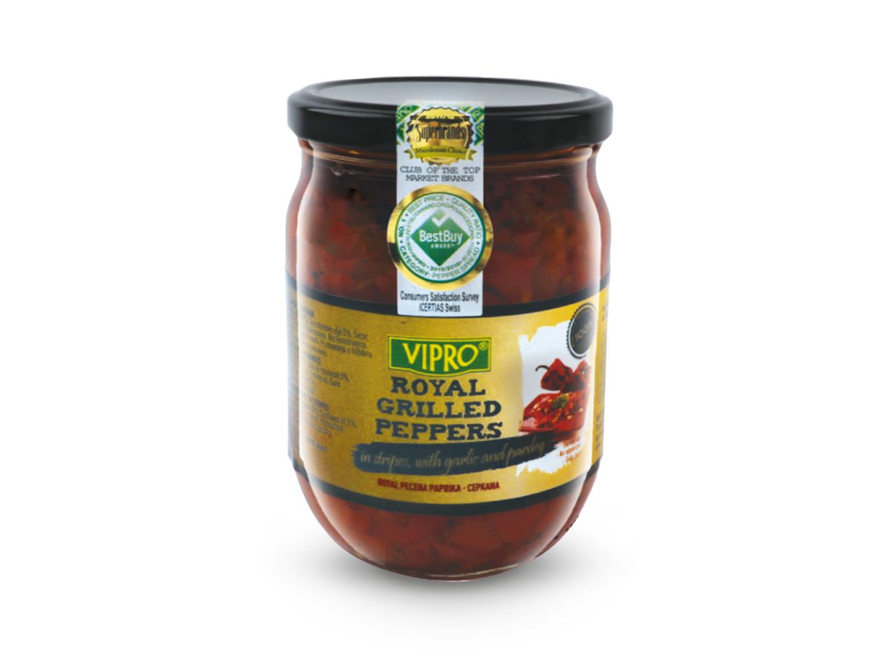 Staklenka Vipro Royal Grilled Peppers u trakama s češnjakom i peršinom.