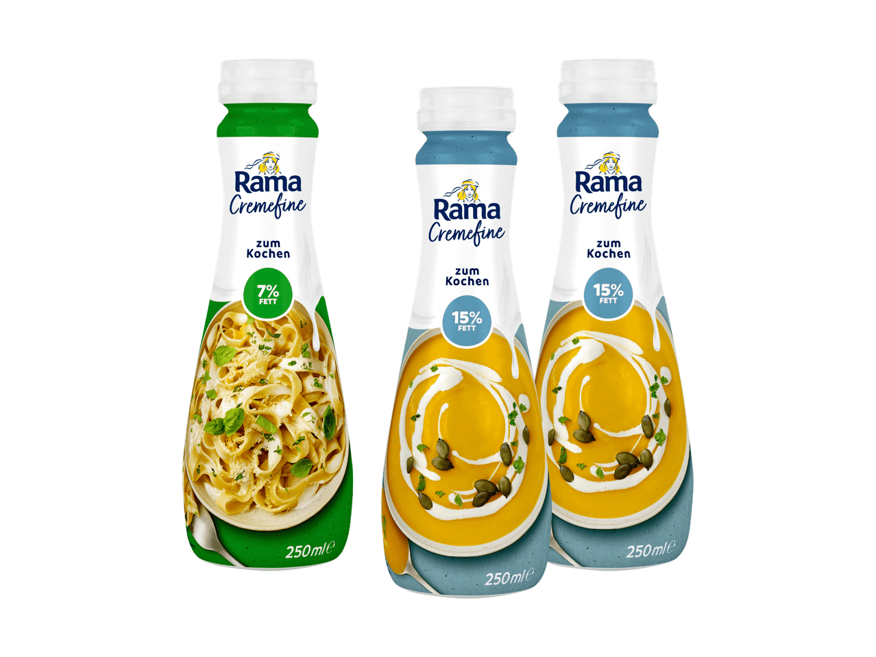 Drei Flaschen Rama Cremefine zum Kochen mit 7% und 15% Fett, mit Nudeln und Kürbissuppe.