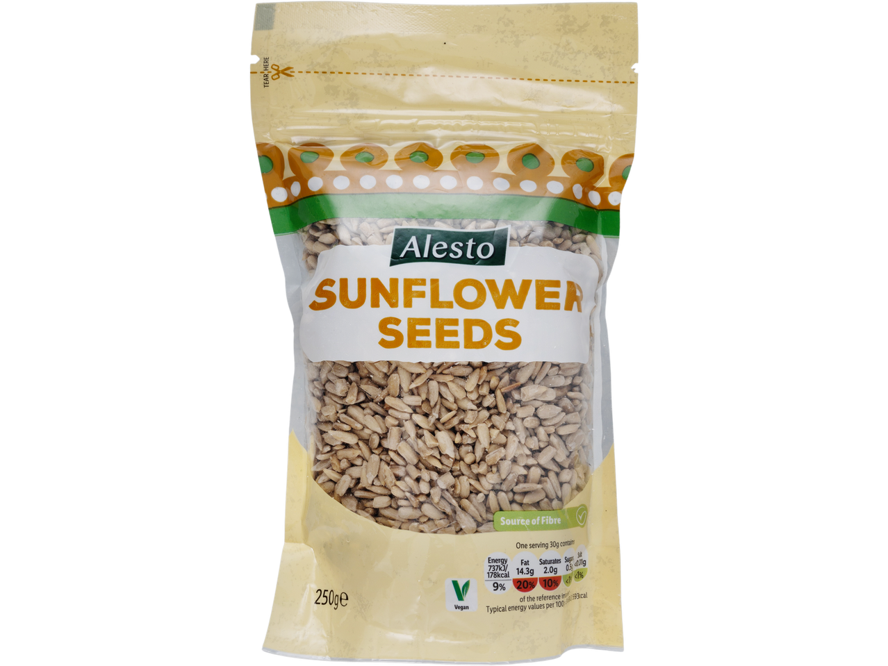 A bag of Alesto Sunflower Seeds, 250g, with nutritional information and a vegan label.