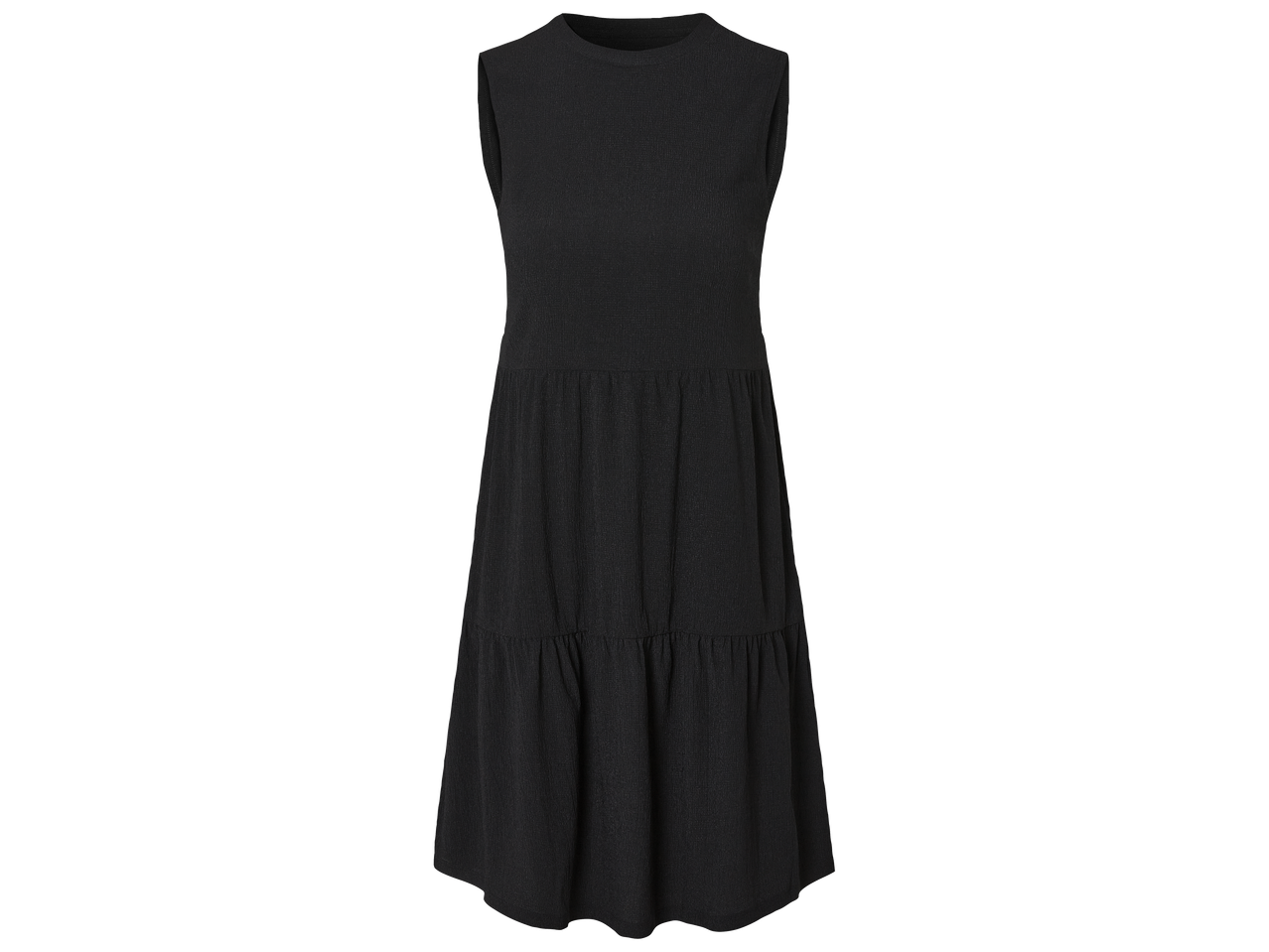 Robe longue noire sans manches avec une jupe à volants.