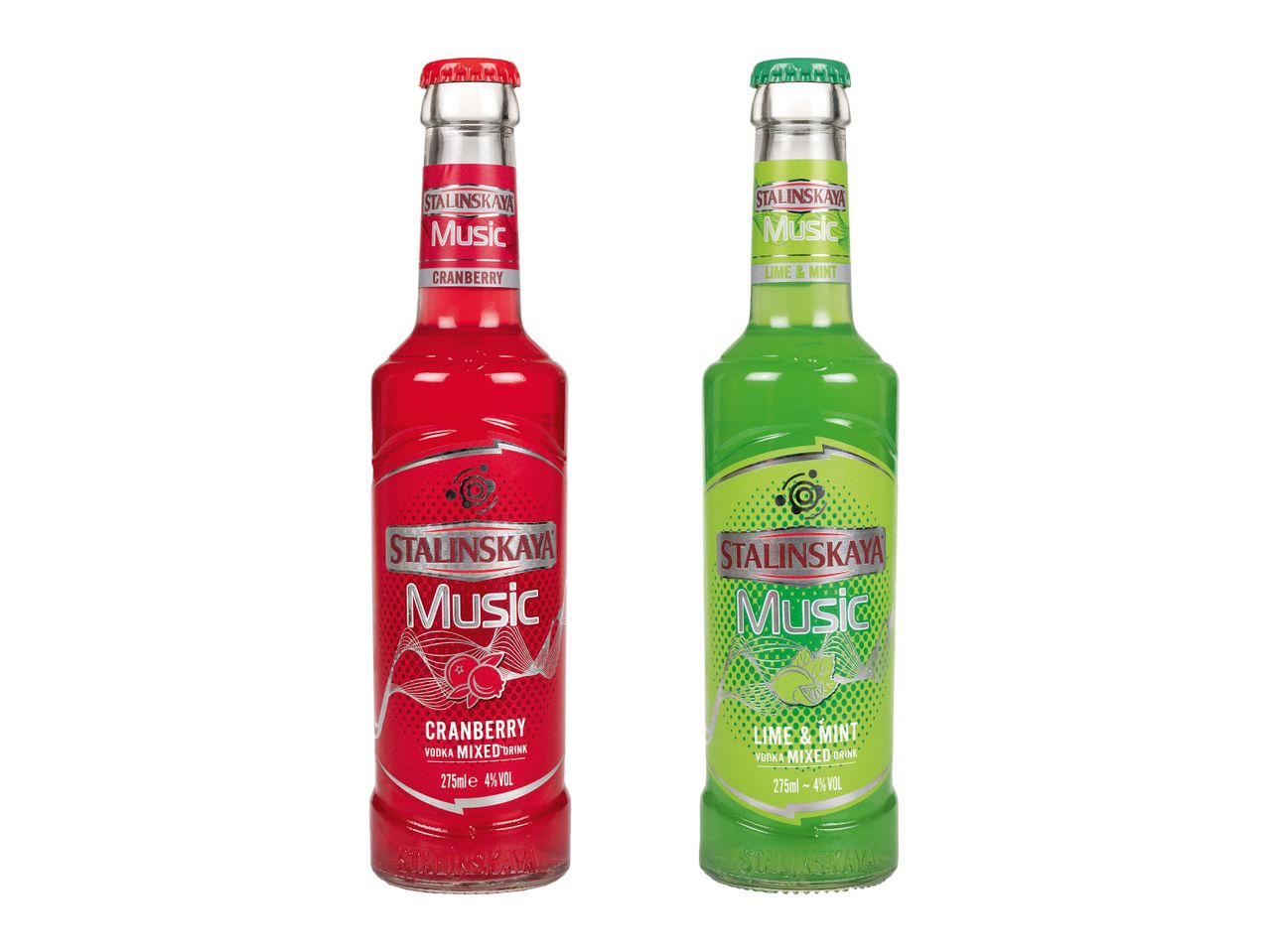 Două sticle de băutură mixtă Stainskaya Music, una cu aromă de merișor și una cu aromă de lime și mentă.