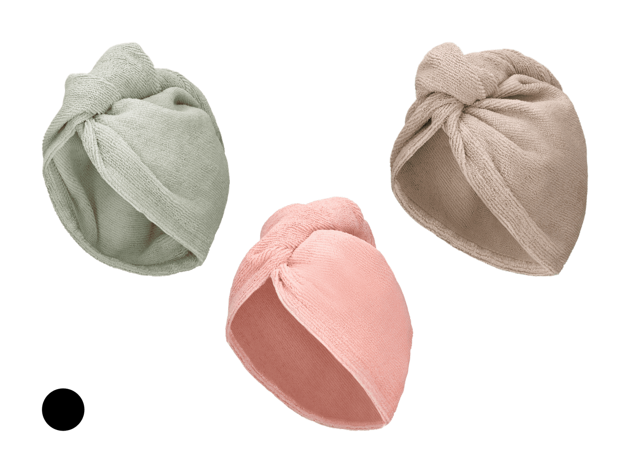 Trois turbans de cheveux en vert clair, rose et beige, en tissu éponge, avec nœud.