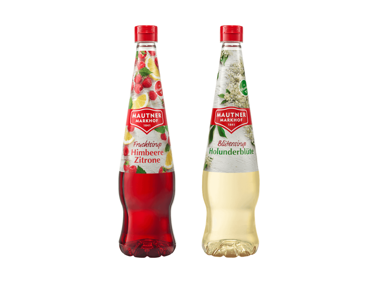 Zwei Flaschen Sirup: Himbeer-Zitronen-Fruchtsirup und Holunderblüten-Blütensirup.