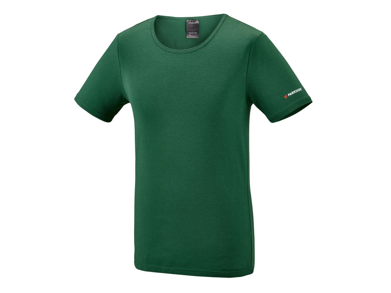 Maglietta verde Parkside con etichetta sul collo e logo sulla manica.