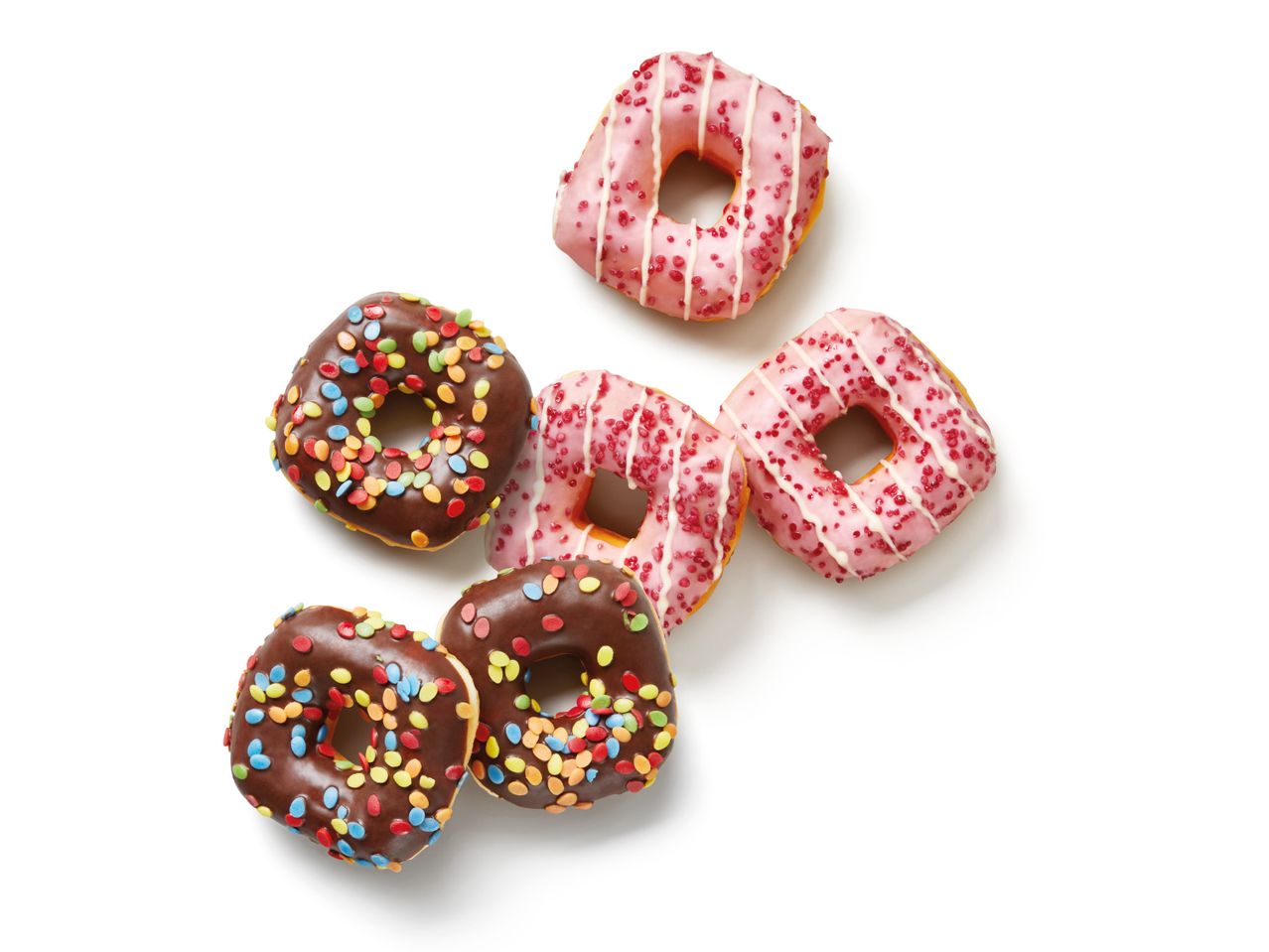 Assorted Pink squared donut and Squared donut with cocoa glaze, on a white background.