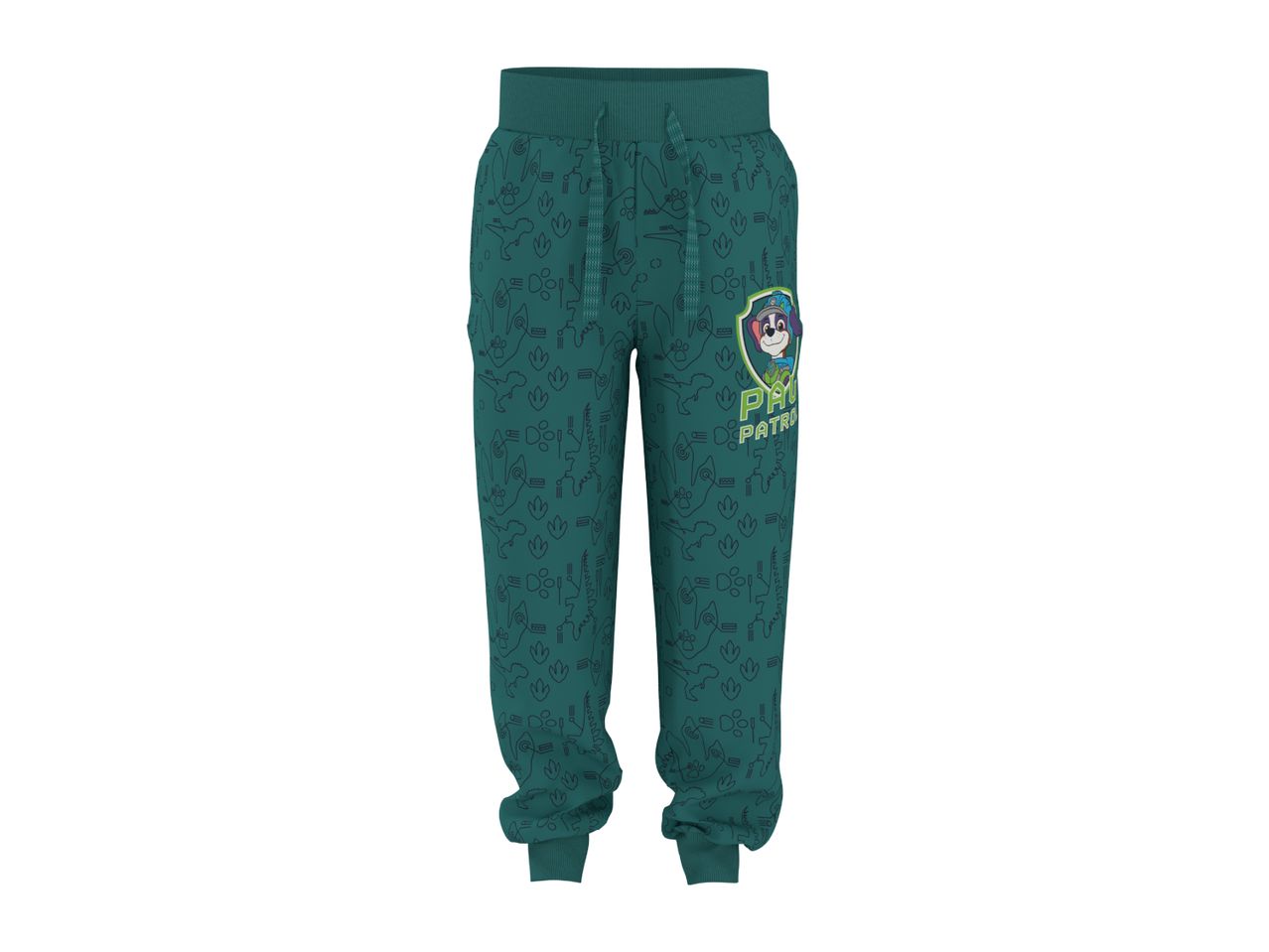 Kids' green sweatpants with a dinosaur and Paw Patrol pattern.