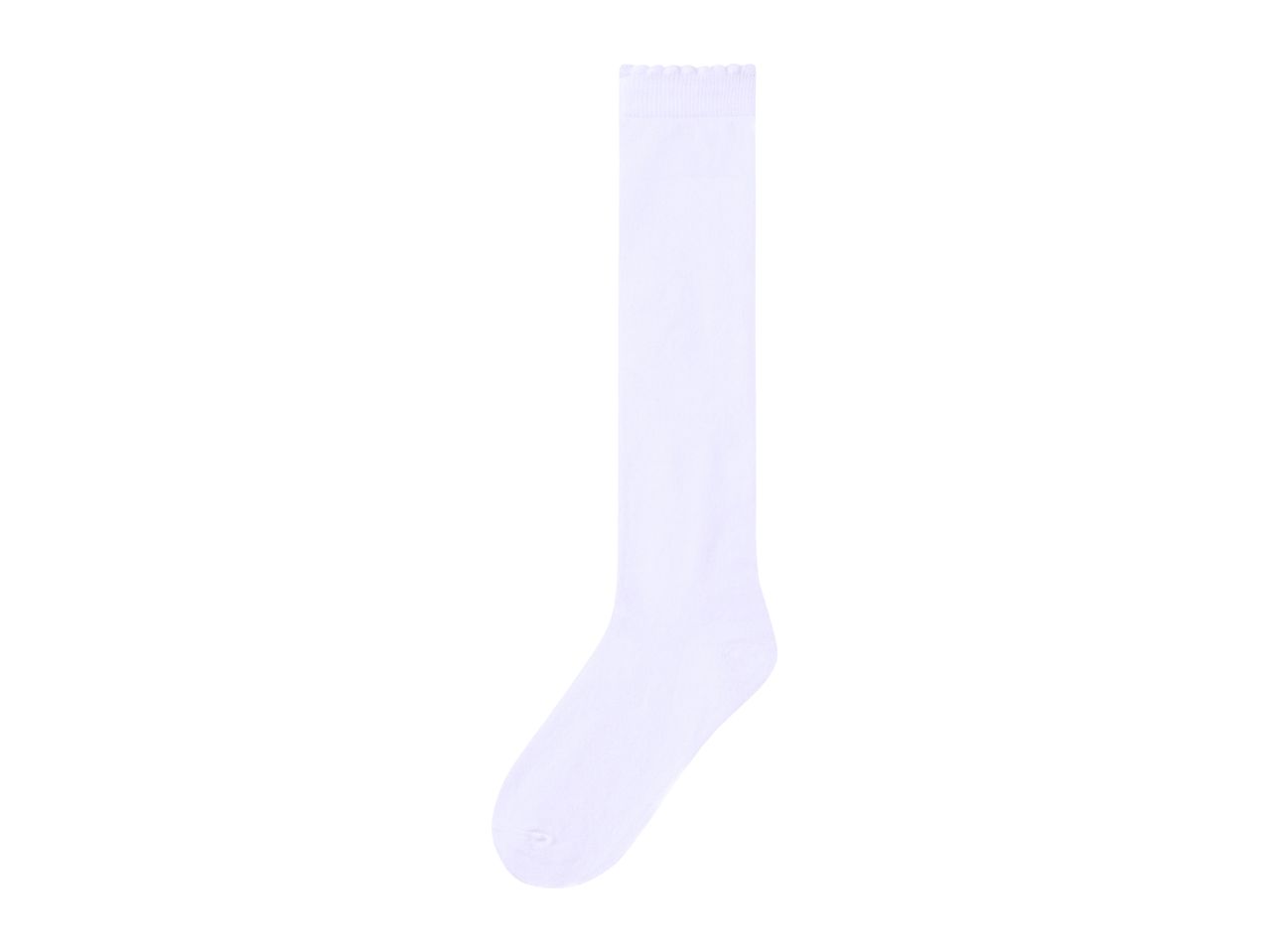A single white knee-high sock with a ruffled top edge, isolated on a white background.