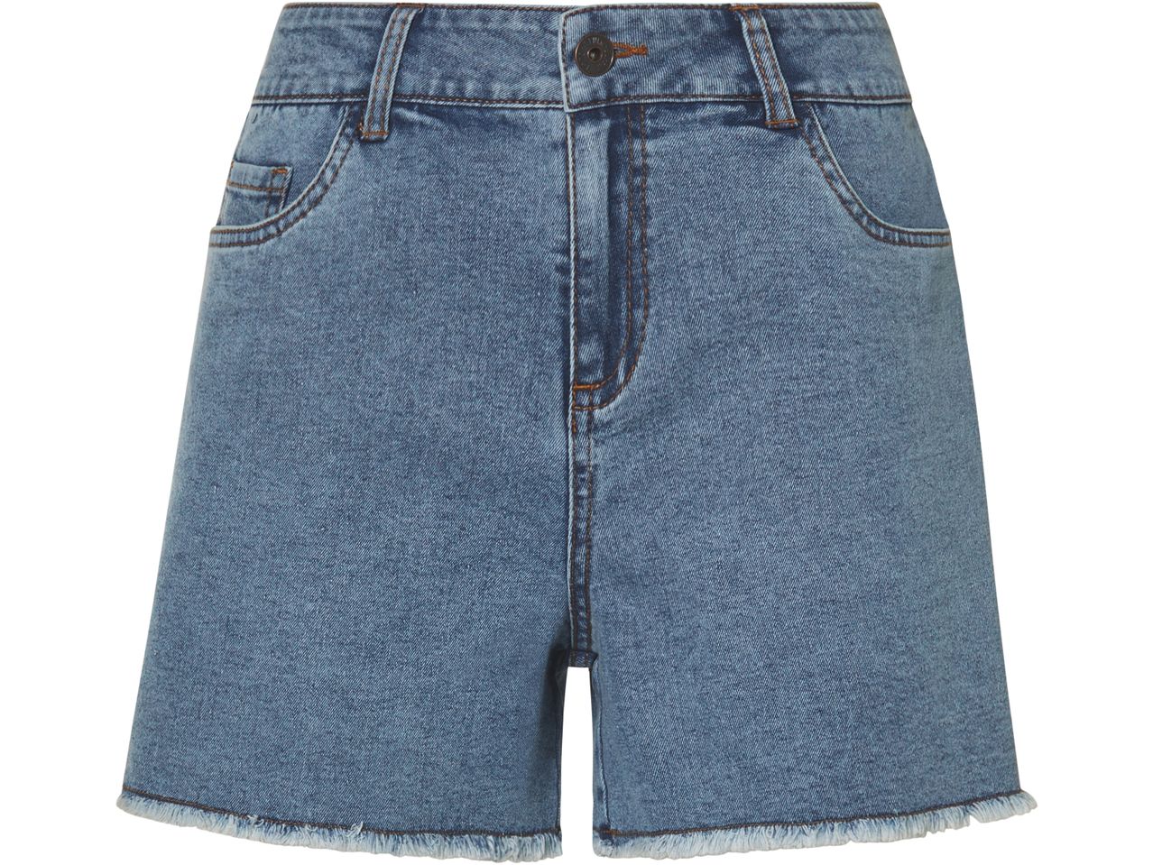 Light wash denim shorts with frayed hem.