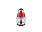 Red and silver electric food chopper with a clear glass bowl