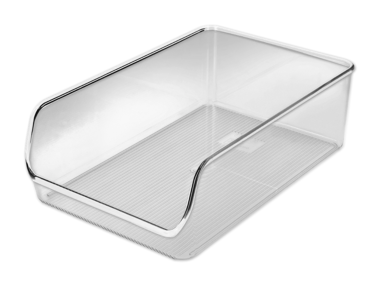 Transparente Kühlschrank-Organizer-Box mit geriffeltem Boden und offener Vorderseite.