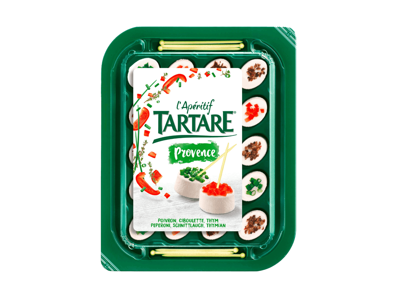 Frischkäse-Aperitifplatte mit verschiedenen Belägen und Spießen, Geschmacksrichtung Provence.