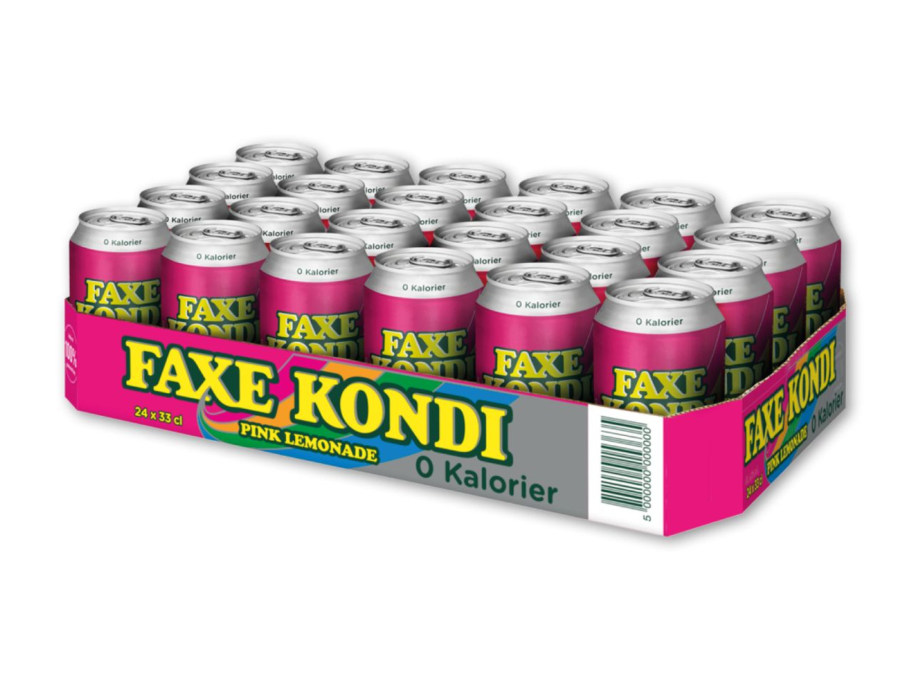 En bakke med 24 lyserøde sodavandsdåser med teksten '0 Kalorier' og 'Pink Lemonade'.