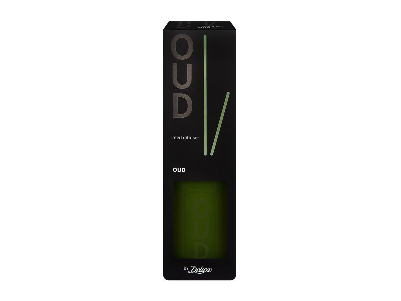 Black OUD reed diffuser box with green accents and a green bottle inside.