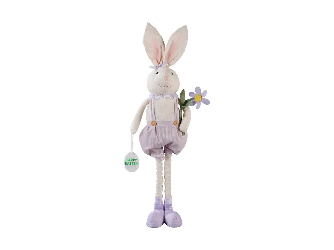 Easter bunny plush toy in purple overalls holding a flower and a 'Happy Easter' tag.