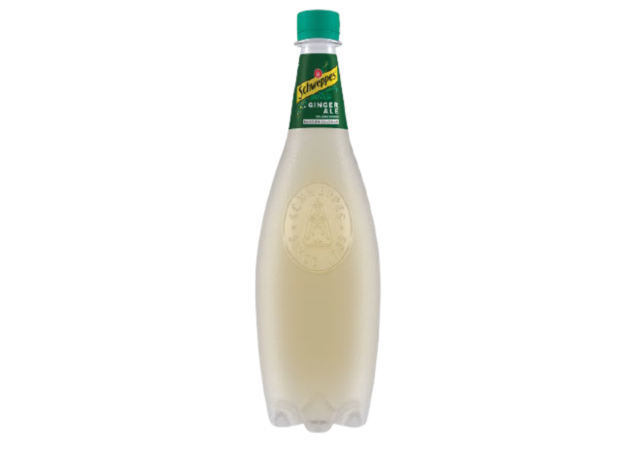 Garrafa de refrigerante de gengibre com rótulo verde e tampa verde.